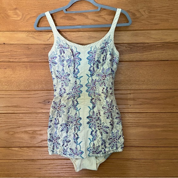 Vintage Rose Marie Reid sequin floral lace pin up one piece...